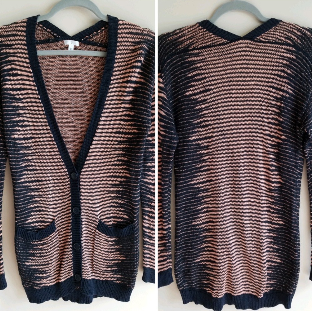 Striped V-Neck Button Cardigan in Black and Tan